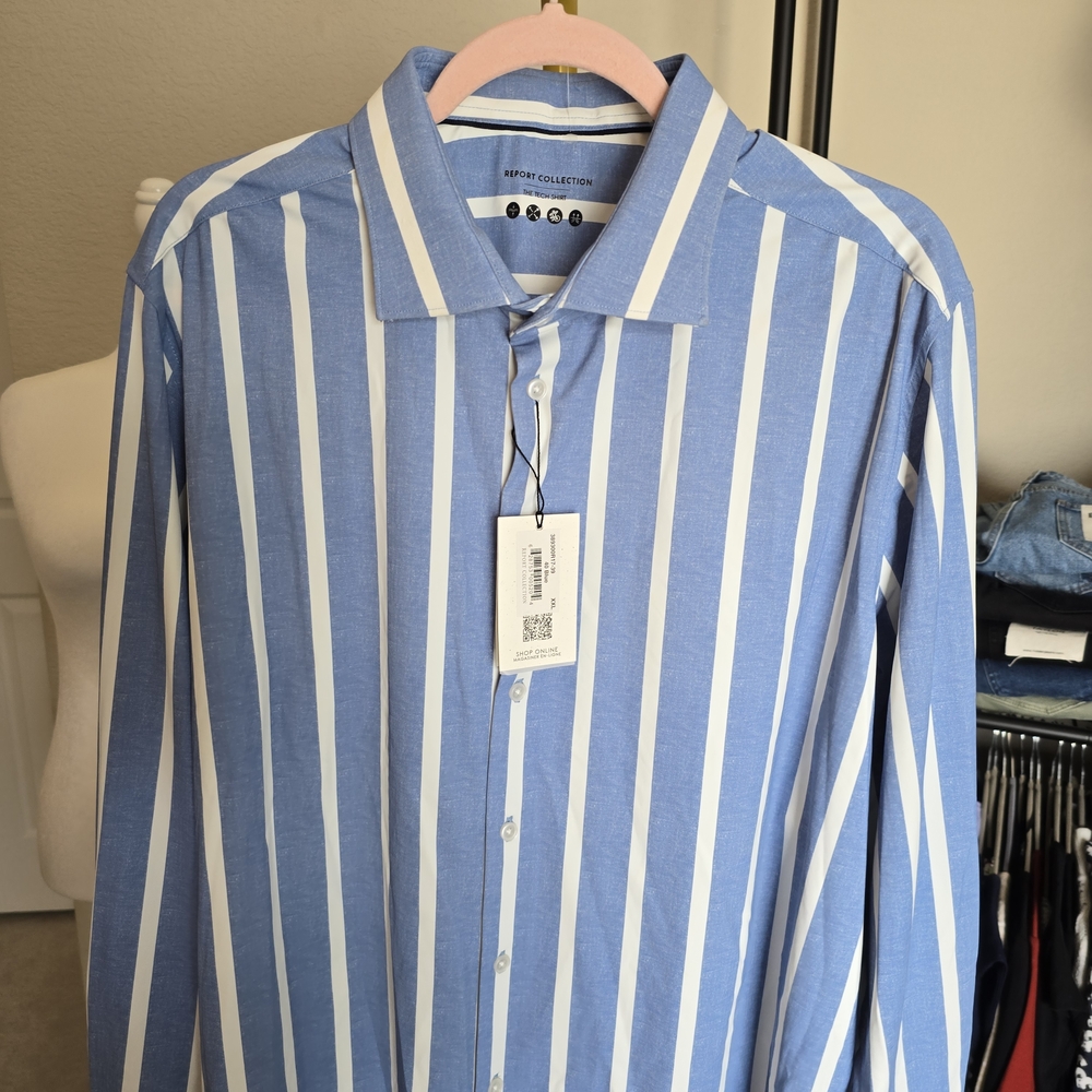 Report Collection Sky Blue and White Striped Shirt XXL Tech Shirt